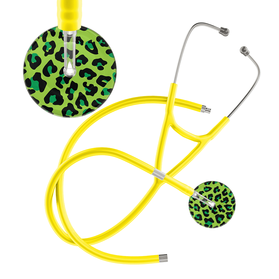 Ultrascope Single Stethoscope Lime Green Leopard / Adult / Yellow Extended Tubing Leopard Pattern Cardiology Stethoscope - Leopard Print