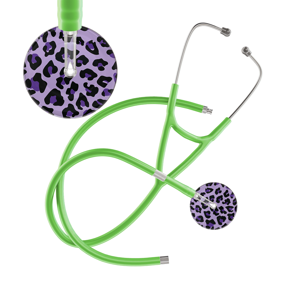 Ultrascope Single Stethoscope Purple Leopard / Adult / Lime Green Extended Tubing Leopard Pattern Cardiology Stethoscope - Leopard Print