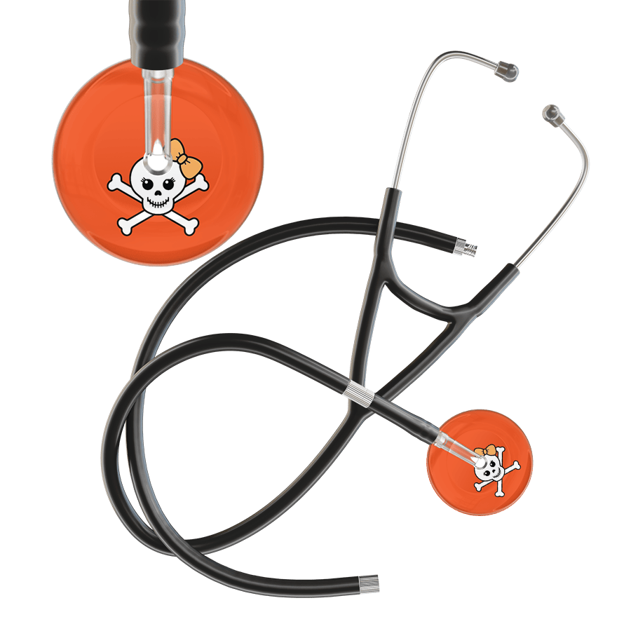 Ultrascope Single Stethoscope Creamsicle Bow Orange Background / Adult / Black Extended Tubing Cute Skull Cardiology Stethoscope
