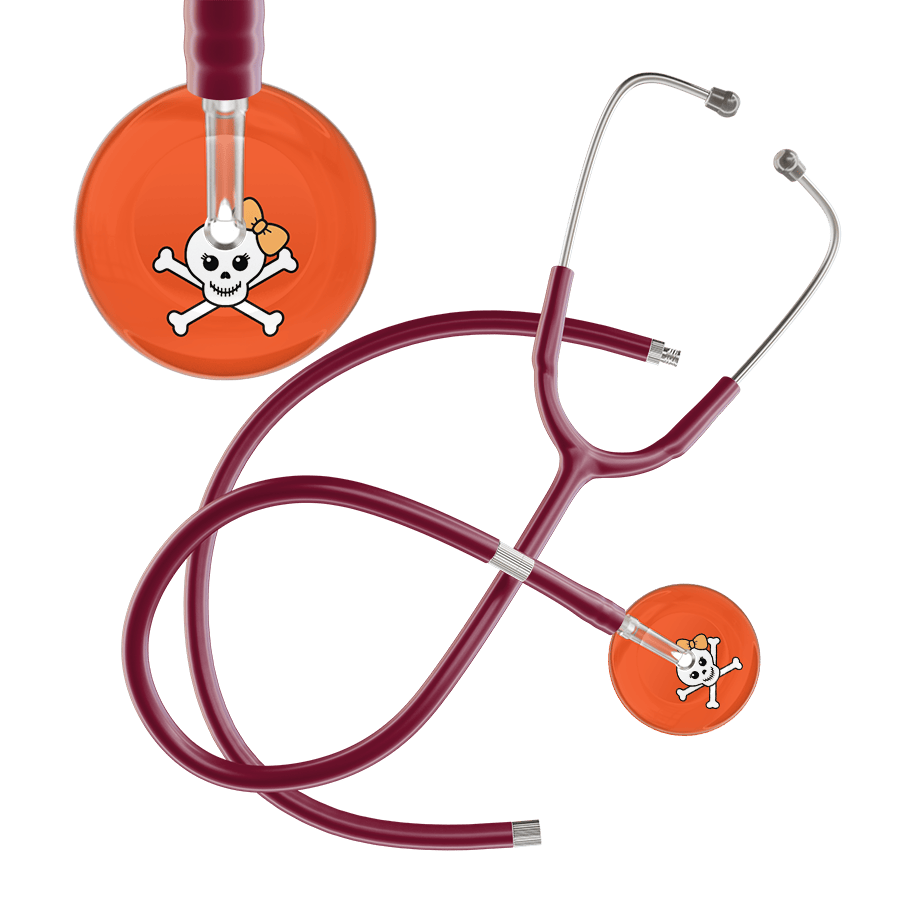 Ultrascope Single Stethoscope Creamsicle Bow Black Background / Adult / Burgundy Extended Tubing Cute Skull Stethoscope