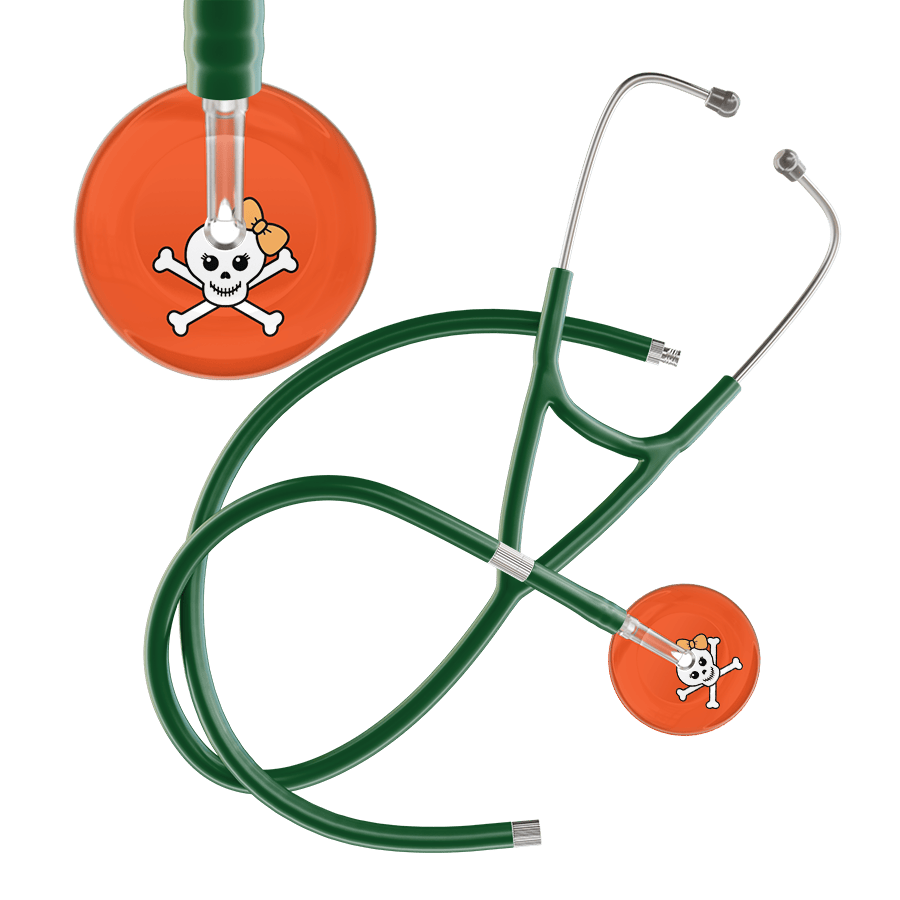 Ultrascope Single Stethoscope Creamsicle Bow Orange Background / Adult / Dark Green Extended Tubing Cute Skull Cardiology Stethoscope