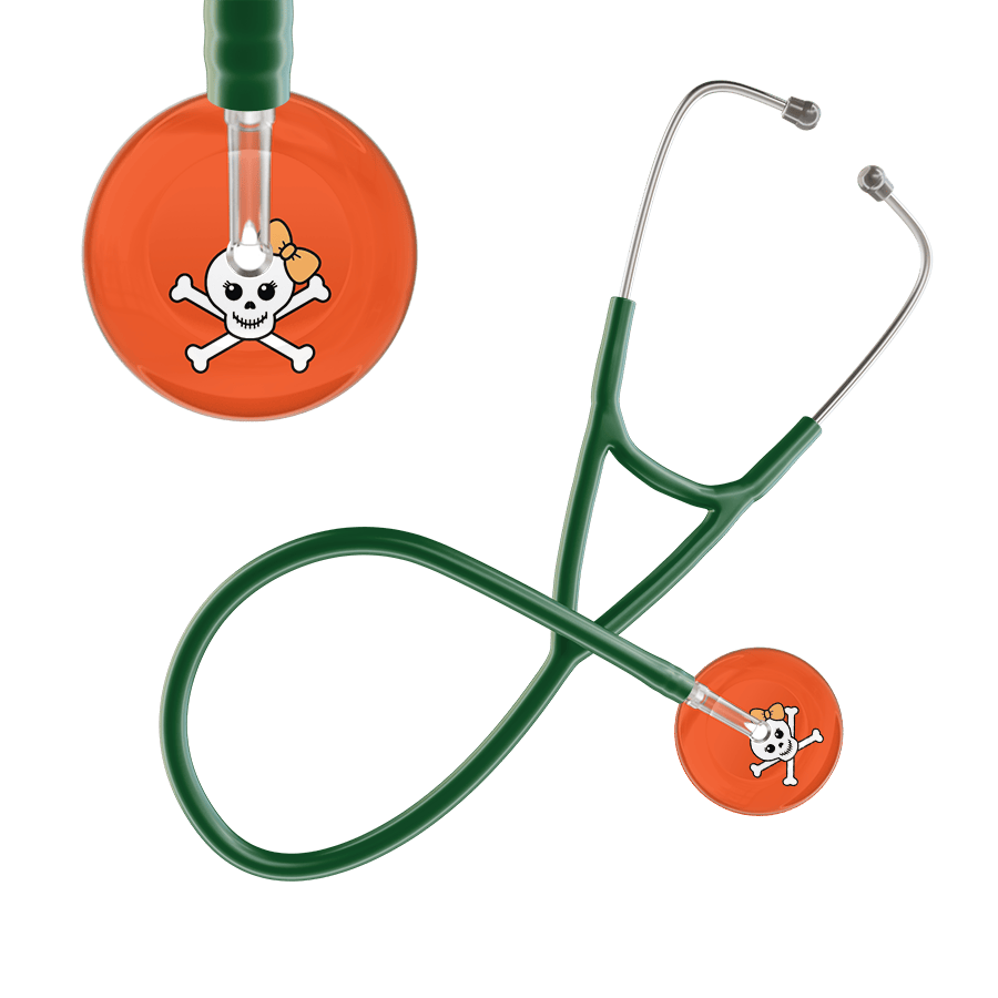 Ultrascope Single Stethoscope Creamsicle Bow Orange Background / Adult / Dark Green Cute Skull Cardiology Stethoscope