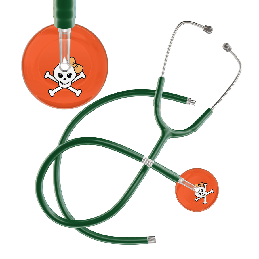Ultrascope Single Stethoscope Creamsicle Bow Black Background / Adult / Dark Green Extended Tubing Cute Skull Stethoscope