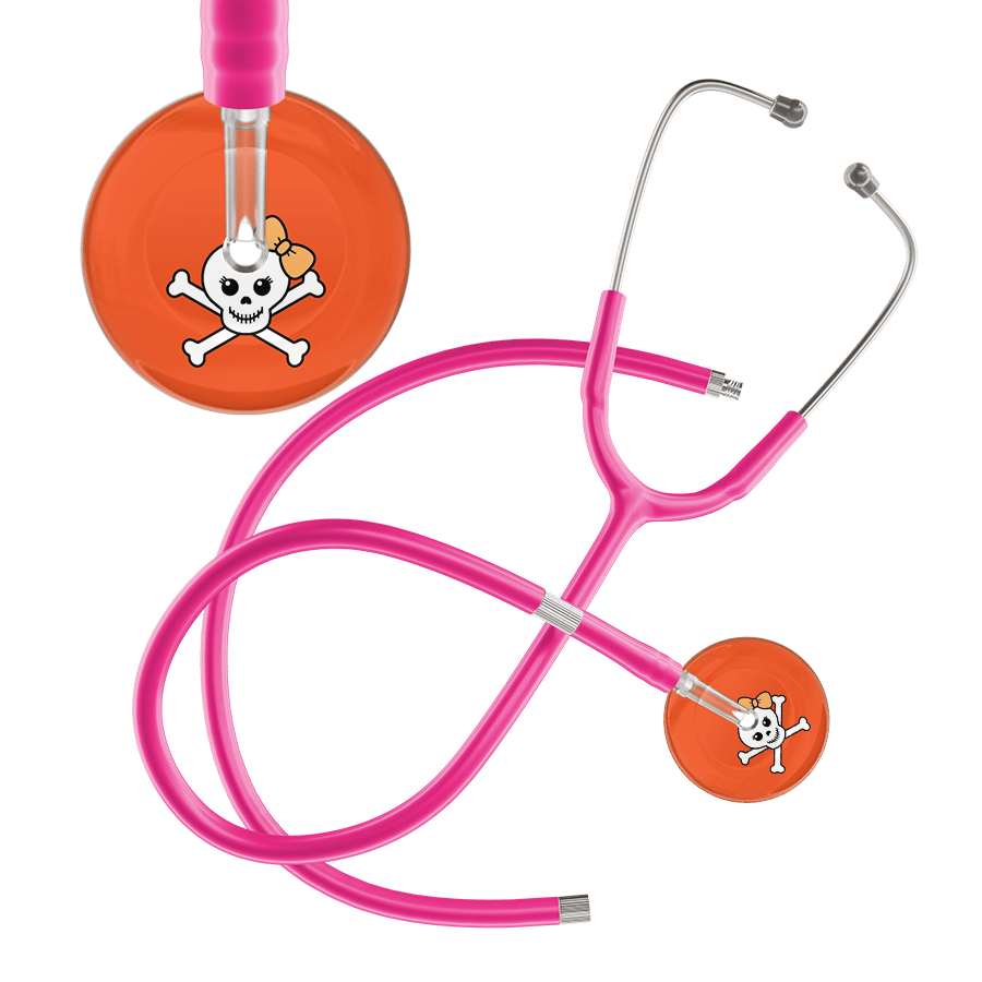 Ultrascope Single Stethoscope Creamsicle Bow Black Background / Adult / Hot Pink Extended Tubing Cute Skull Stethoscope