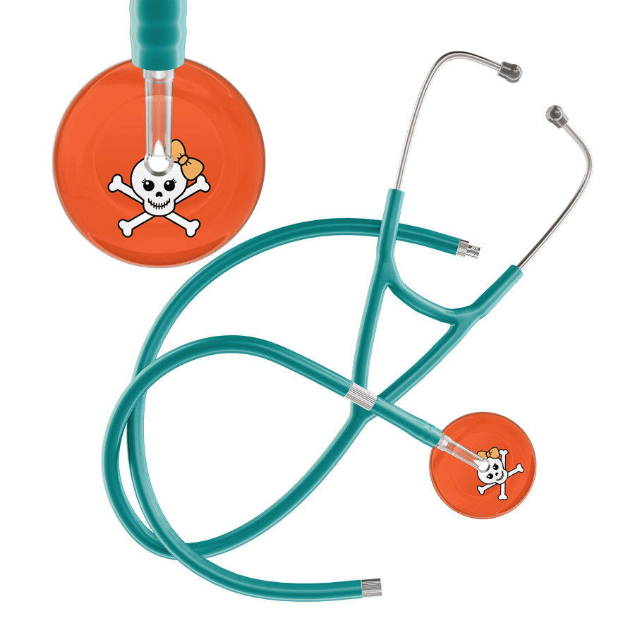 Ultrascope Single Stethoscope Creamsicle Bow Orange Background / Adult / Jade Extended Tubing Cute Skull Cardiology Stethoscope