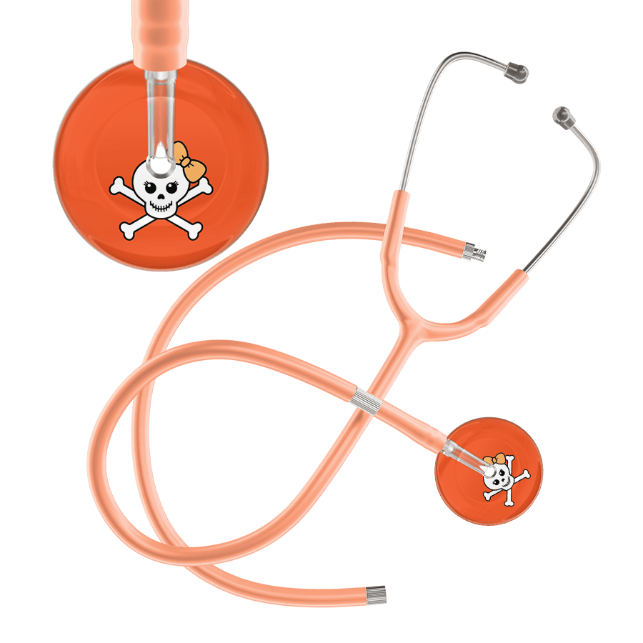 Ultrascope Single Stethoscope Creamsicle Bow Black Background / Adult / Peach Extended Tubing Cute Skull Stethoscope