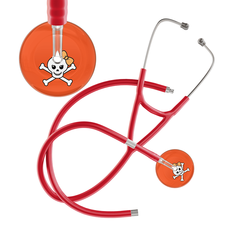 Ultrascope Single Stethoscope Creamsicle Bow Orange Background / Adult / Red Extended Tubing Cute Skull Cardiology Stethoscope