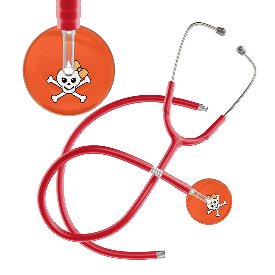 Ultrascope Single Stethoscope Creamsicle Bow Black Background / Adult / Red Extended Tubing Cute Skull Stethoscope