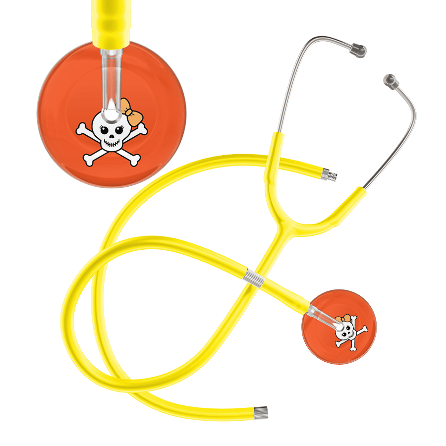 Ultrascope Single Stethoscope Creamsicle Bow Black Background / Adult / Yellow Extended Tubing Cute Skull Stethoscope