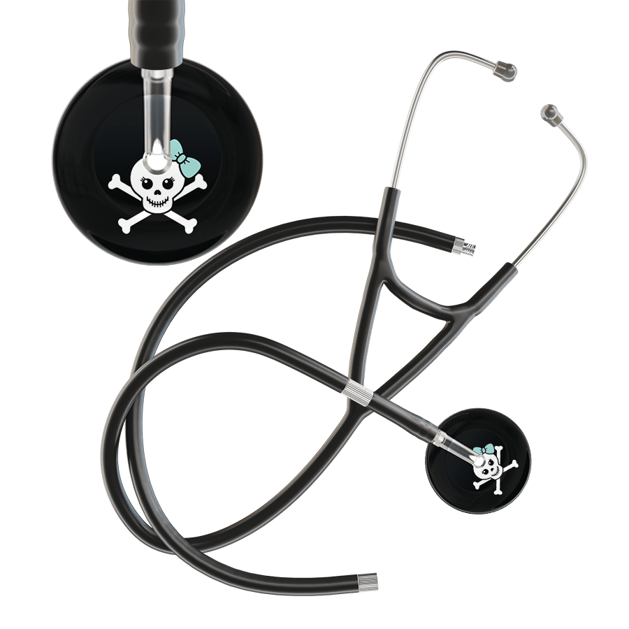 Ultrascope Single Stethoscope Robin's Egg Bow Black Background / Adult / Black Extended Tubing Cute Skull Cardiology Stethoscope