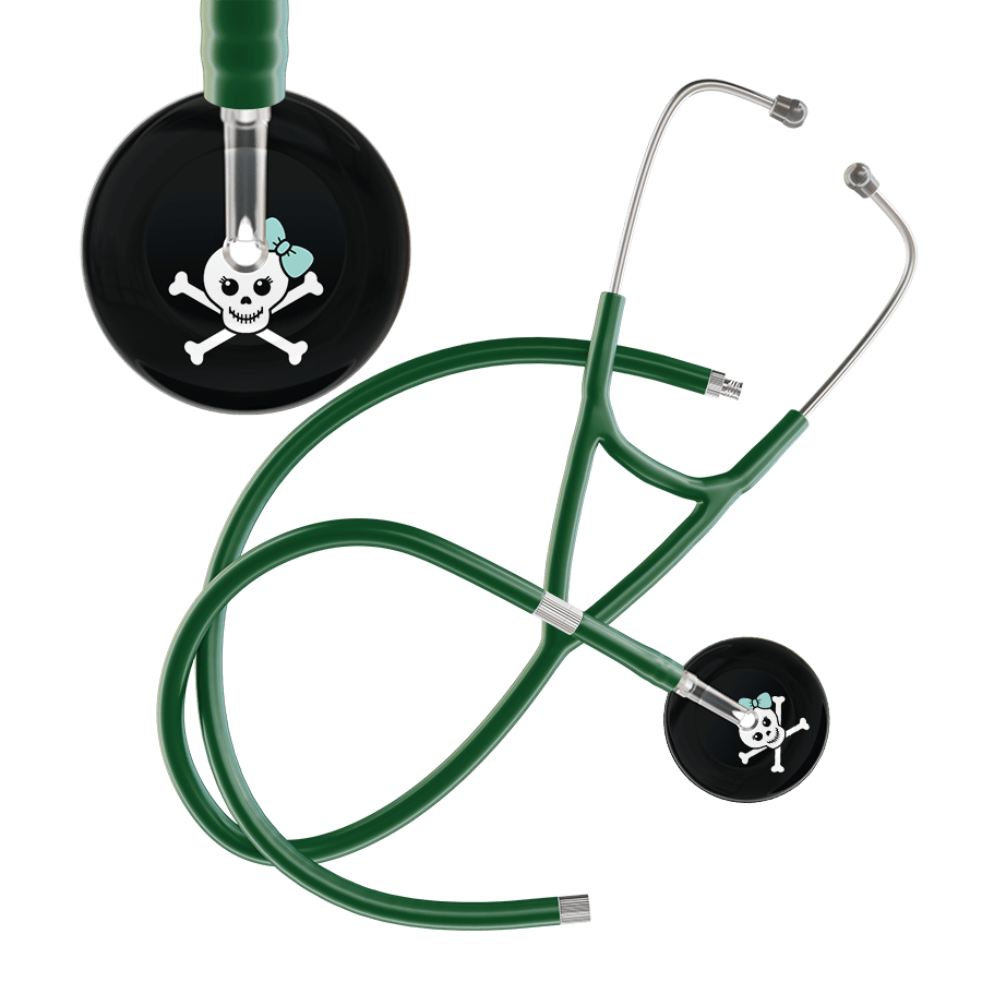 Ultrascope Single Stethoscope Robin's Egg Bow Black Background / Adult / Dark Green Extended Tubing Cute Skull Cardiology Stethoscope