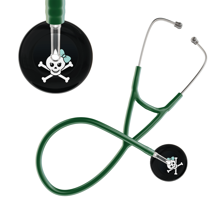 Ultrascope Single Stethoscope Robin's Egg Bow Black Background / Adult / Dark Green Cute Skull Cardiology Stethoscope