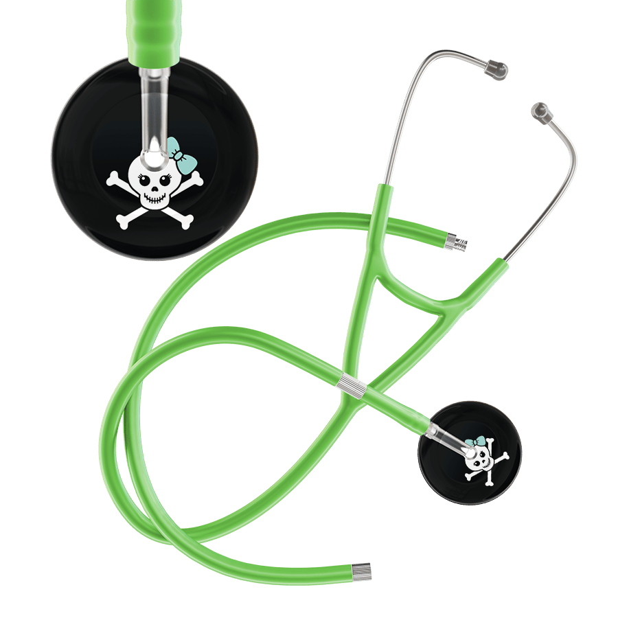 Ultrascope Single Stethoscope Robin's Egg Bow Black Background / Adult / Lime Green Extended Tubing Cute Skull Cardiology Stethoscope