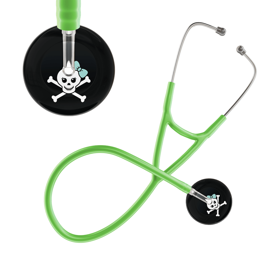 Ultrascope Single Stethoscope Robin's Egg Bow Black Background / Adult / Lime Green Cute Skull Cardiology Stethoscope