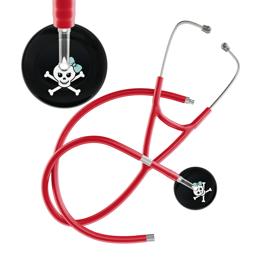 Ultrascope Single Stethoscope Robin's Egg Bow Black Background / Adult / Red Extended Tubing Cute Skull Cardiology Stethoscope