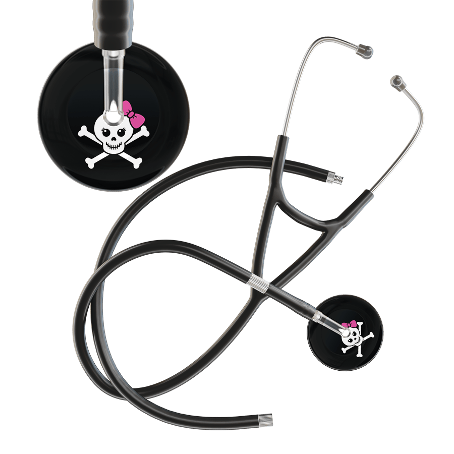Ultrascope Single Stethoscope Hot Pink Bow Black Background / Adult / Black Extended Tubing Cute Skull Cardiology Stethoscope