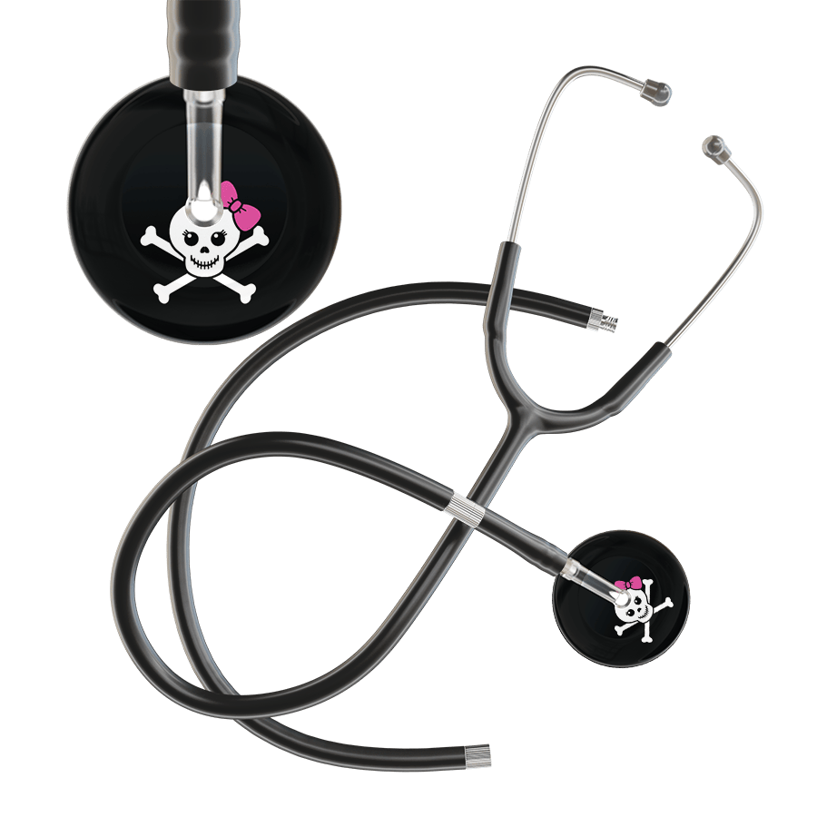 Ultrascope Single Stethoscope Hot Pink Bow Black Background / Adult / Black Extended Tubing Cute Skull Stethoscope