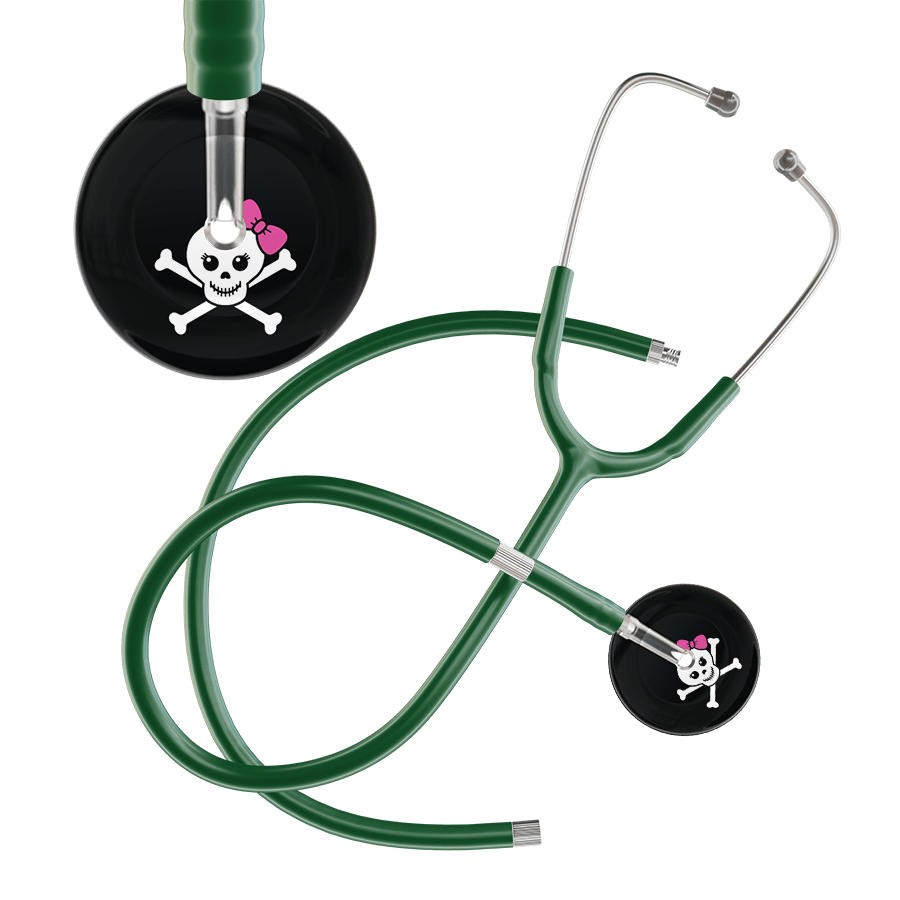 Ultrascope Single Stethoscope Hot Pink Bow Black Background / Adult / Dark Green Extended Tubing Cute Skull Stethoscope