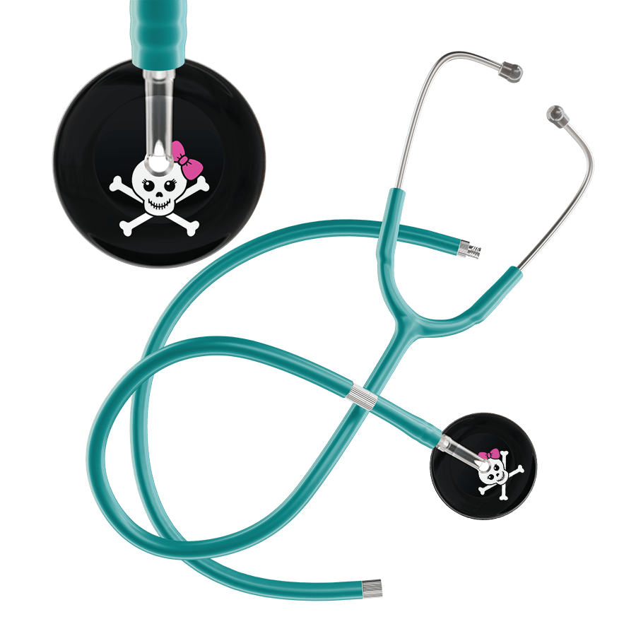 Ultrascope Single Stethoscope Hot Pink Bow Black Background / Adult / Jade Extended Tubing Cute Skull Stethoscope
