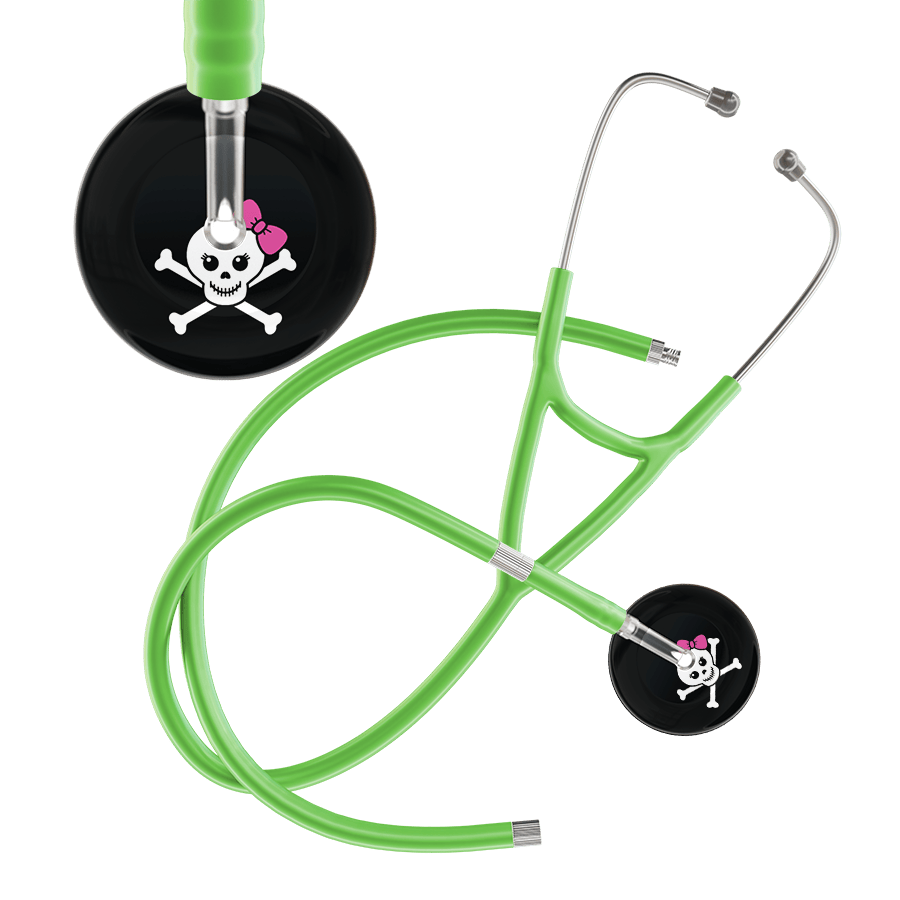 Ultrascope Single Stethoscope Hot Pink Bow Black Background / Adult / Lime Green Extended Tubing Cute Skull Cardiology Stethoscope