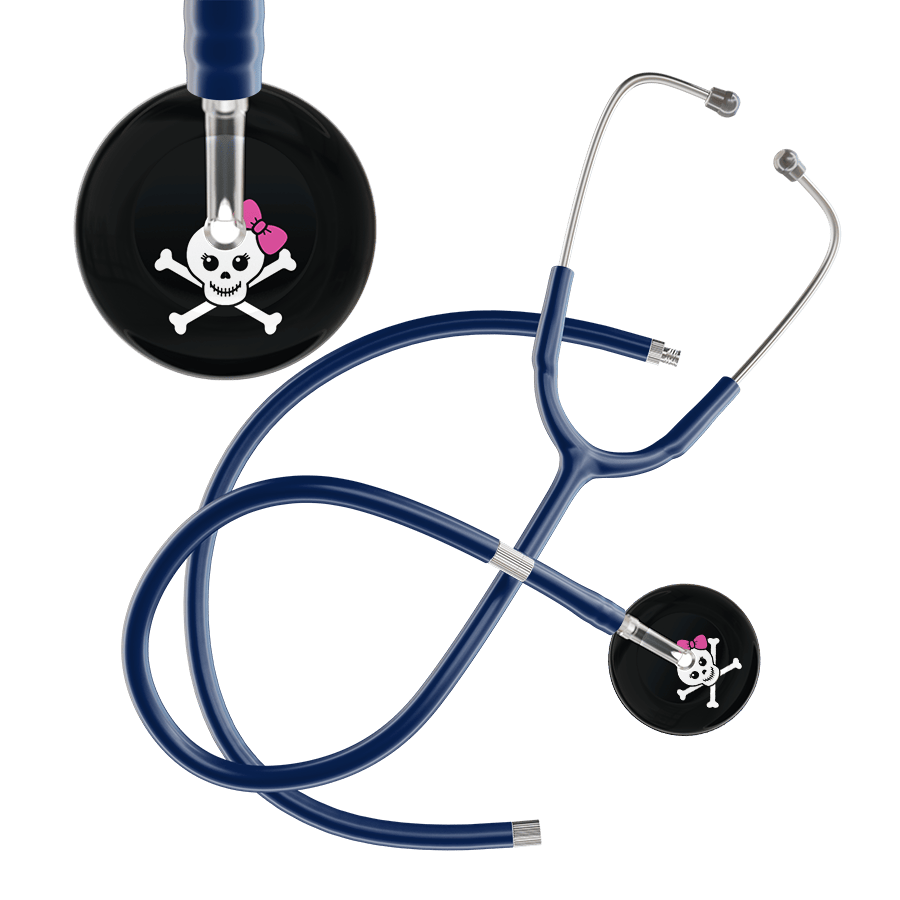 Ultrascope Single Stethoscope Hot Pink Bow Black Background / Adult / Navy Extended Tubing Cute Skull Stethoscope