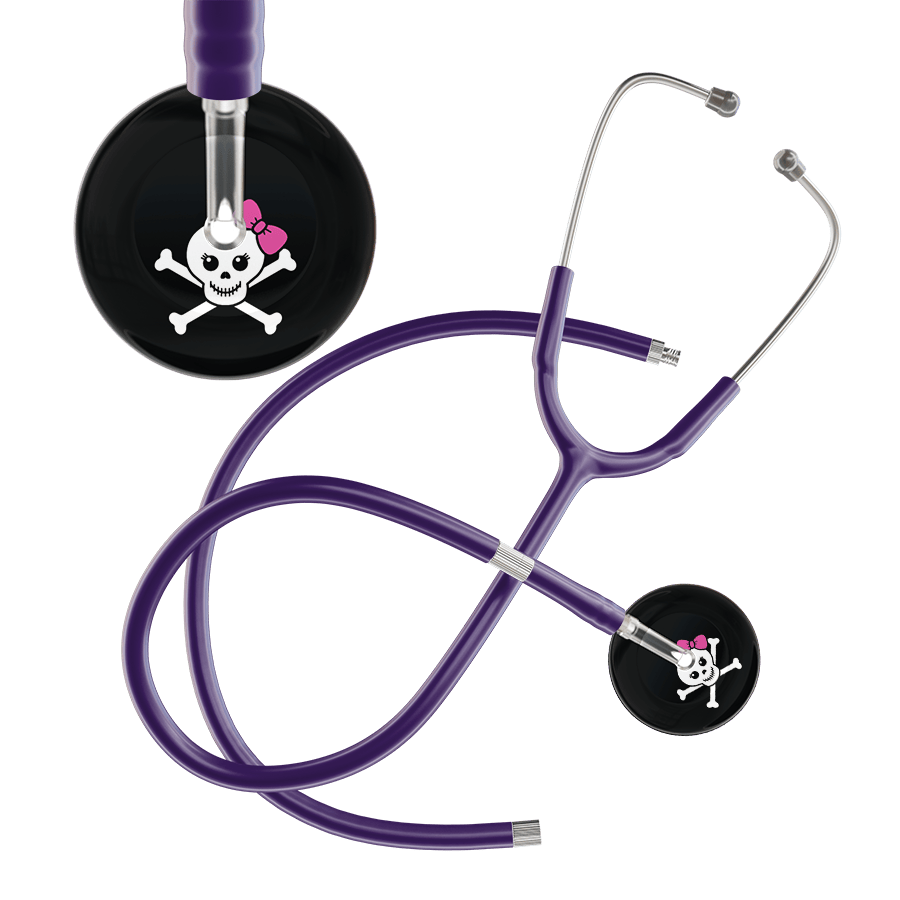Ultrascope Single Stethoscope Hot Pink Bow Black Background / Adult / Purple Extended Tubing Cute Skull Stethoscope