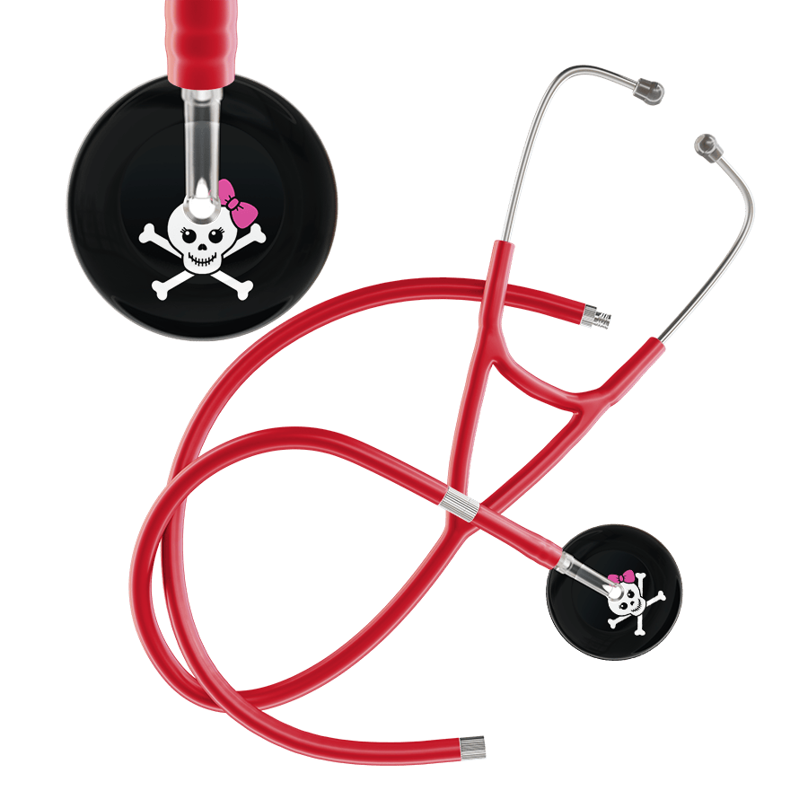 Ultrascope Single Stethoscope Hot Pink Bow Black Background / Adult / Red Extended Tubing Cute Skull Cardiology Stethoscope