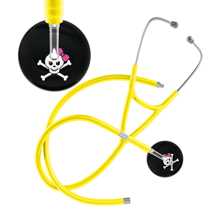Ultrascope Single Stethoscope Hot Pink Bow Black Background / Adult / Yellow Extended Tubing Cute Skull Cardiology Stethoscope