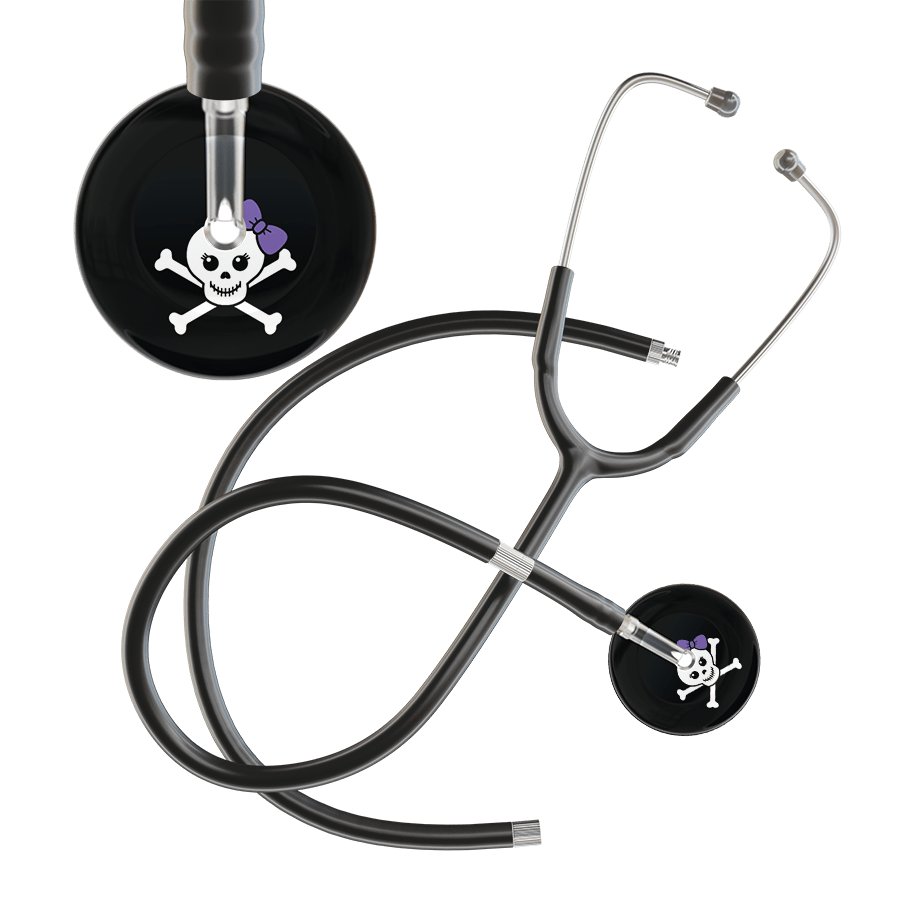 Ultrascope Single Stethoscope Lavender Bow Black Background / Adult / Black Extended Tubing Cute Skull Stethoscope