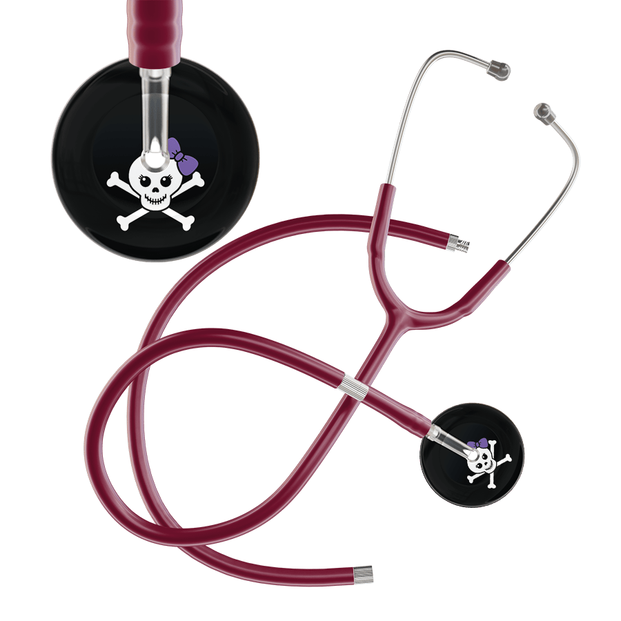 Ultrascope Single Stethoscope Lavender Bow Black Background / Adult / Burgundy Extended Tubing Cute Skull Stethoscope