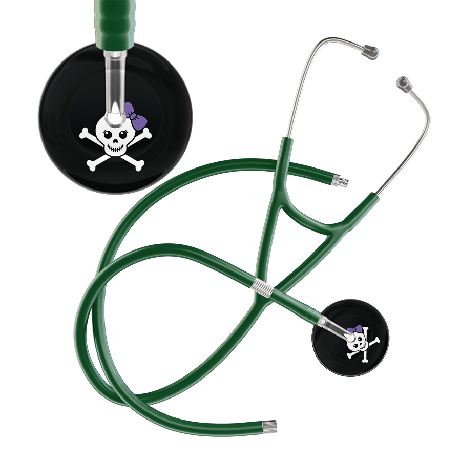 Ultrascope Single Stethoscope Lavender Bow Black Background / Adult / Dark Green Extended Tubing Cute Skull Cardiology Stethoscope