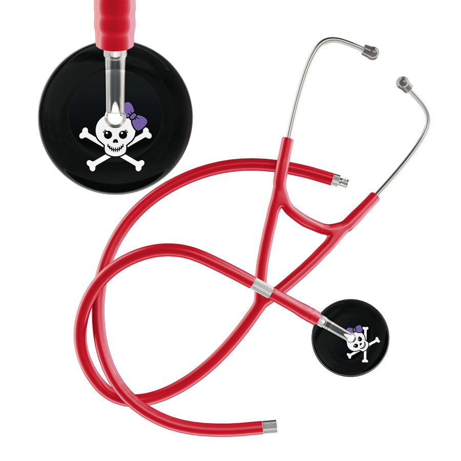 Ultrascope Single Stethoscope Lavender Bow Black Background / Adult / Red Extended Tubing Cute Skull Cardiology Stethoscope