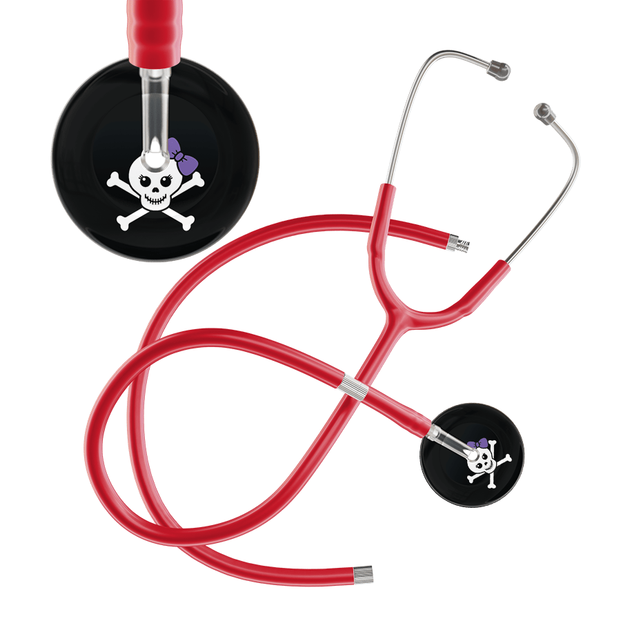 Ultrascope Single Stethoscope Lavender Bow Black Background / Adult / Red Extended Tubing Cute Skull Stethoscope