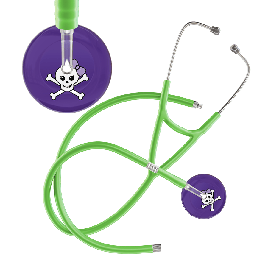 Ultrascope Single Stethoscope Lilac Bow Purple Background / Adult / Lime Green Extended Tubing Cute Skull Cardiology Stethoscope