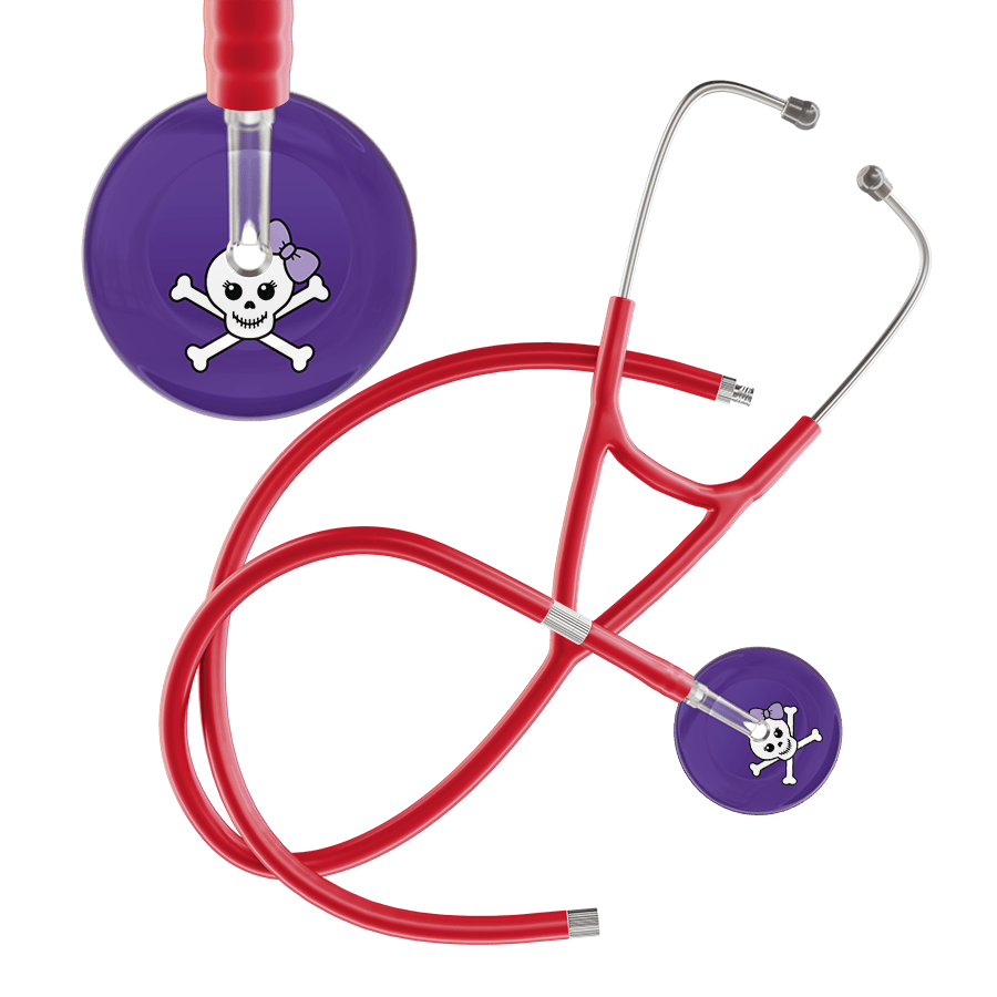 Ultrascope Single Stethoscope Lilac Bow Purple Background / Adult / Red Extended Tubing Cute Skull Cardiology Stethoscope