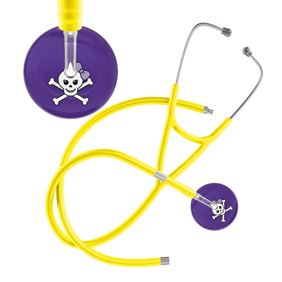 Ultrascope Single Stethoscope Lilac Bow Purple Background / Adult / Yellow Extended Tubing Cute Skull Cardiology Stethoscope