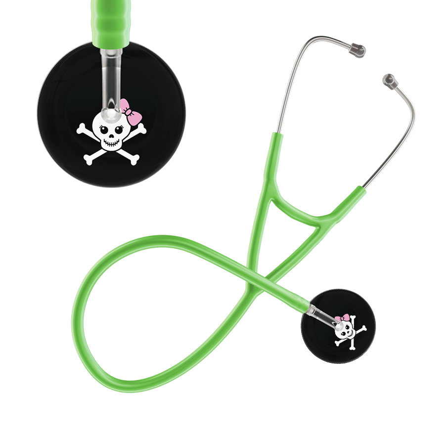 Ultrascope Single Stethoscope Light Pink Bow Black Background / Adult / Lime Green Cute Skull Cardiology Stethoscope