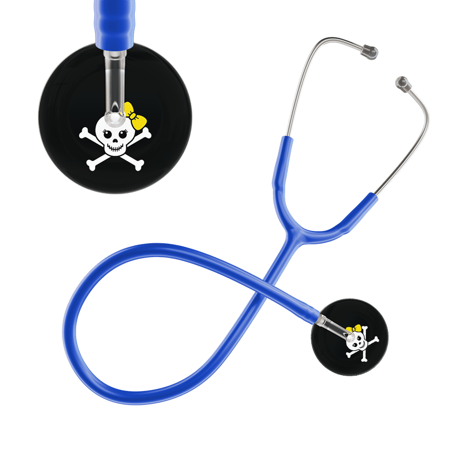 Ultrascope Single Stethoscope Yellow Bow Black Background / Adult / Royal Blue Cute Skull Stethoscope