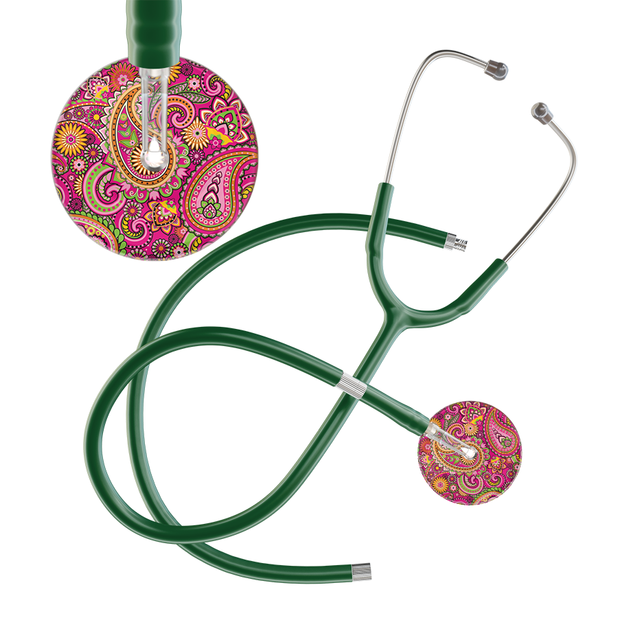 Ultrascope Single Stethoscope Paisley Hot Pink Pattern / Adult / Dark Green Extended Tubing Paisley Pattern Stethoscope