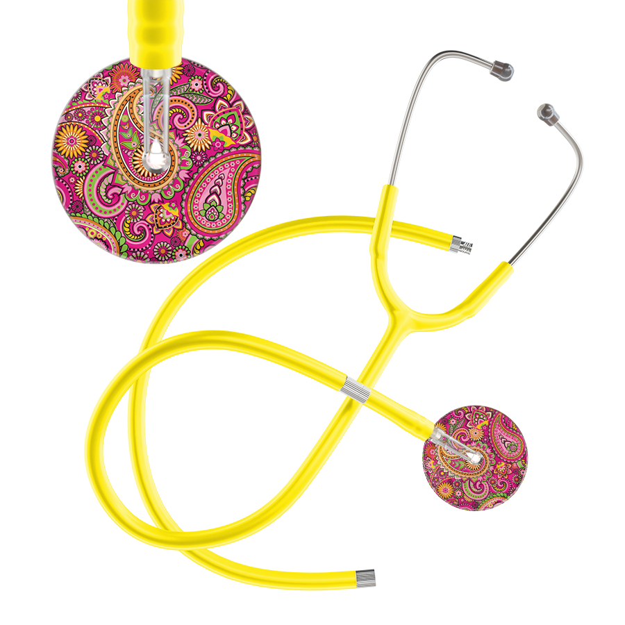 Ultrascope Single Stethoscope Paisley Hot Pink Pattern / Adult / Yellow Extended Tubing Paisley Pattern Stethoscope