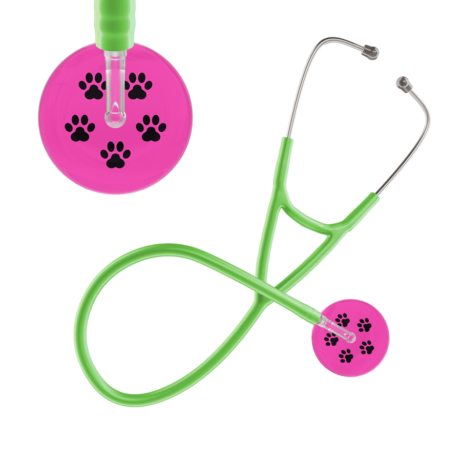 Ultrascope Single Stethoscope Black Paw Hot Pink Background / Adult / Lime Green Paw Print Cardiology Stethoscope