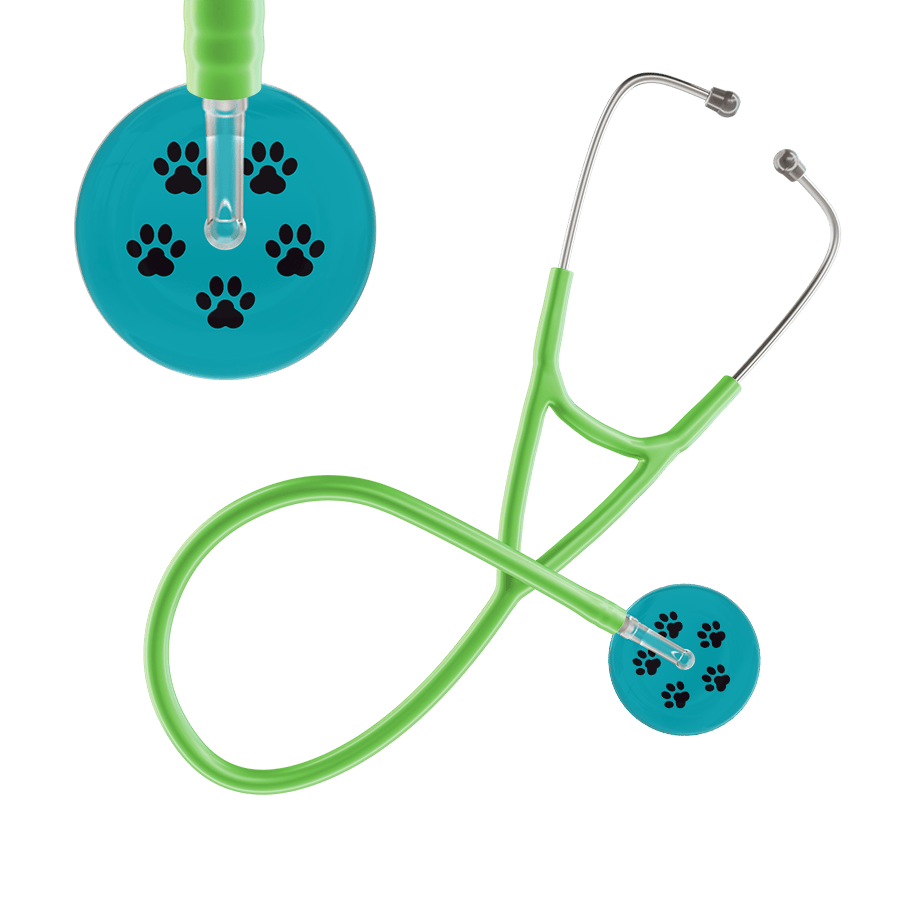Ultrascope Single Stethoscope Black Paw Teal Background / Adult / Lime Green Paw Print Cardiology Stethoscope