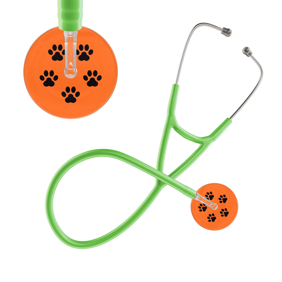 Ultrascope Single Stethoscope Black Paw Tangerine Background / Adult / Lime Green Paw Print Cardiology Stethoscope