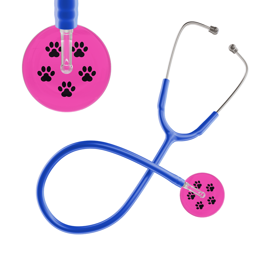 Ultrascope Single Stethoscope Black Paw Hot Pink Background / Adult / Royal Blue Paw Print Stethoscope