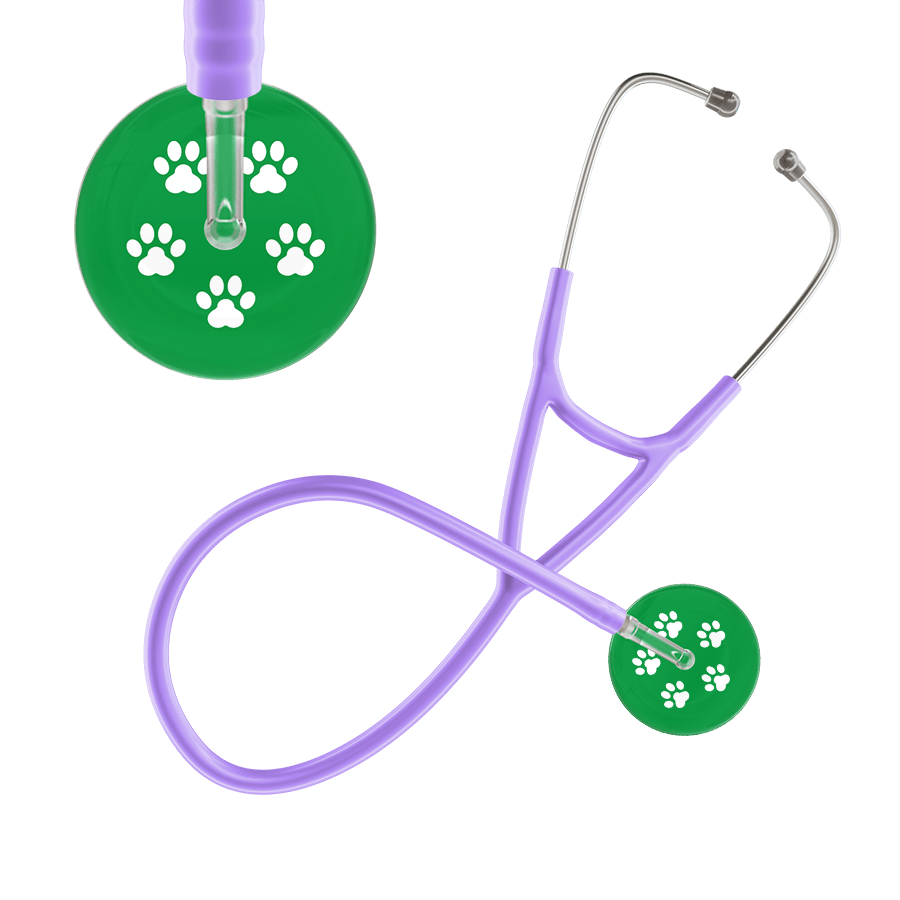 Ultrascope Single Stethoscope White Paw Green Background / Adult / Lavender Paw Print Cardiology Stethoscope