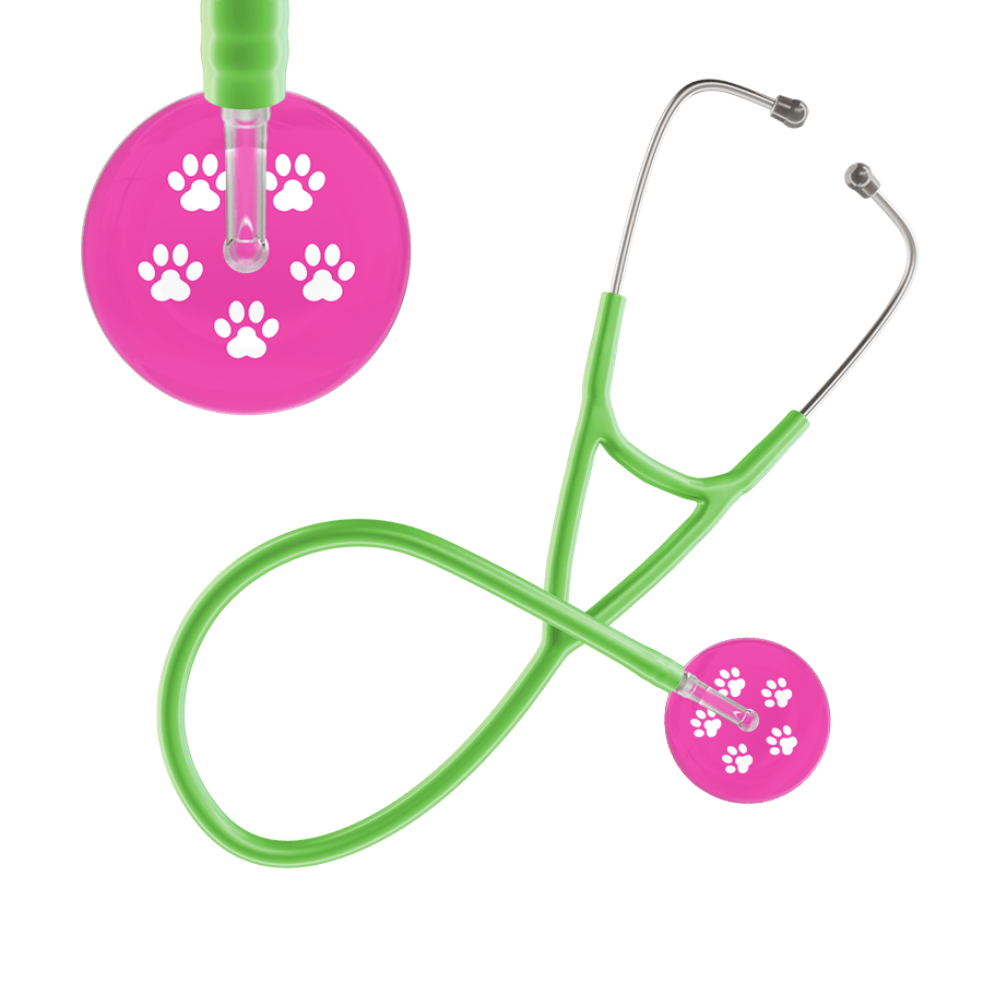Ultrascope Single Stethoscope White Paw Hot Pink Background / Adult / Lime Green Paw Print Cardiology Stethoscope