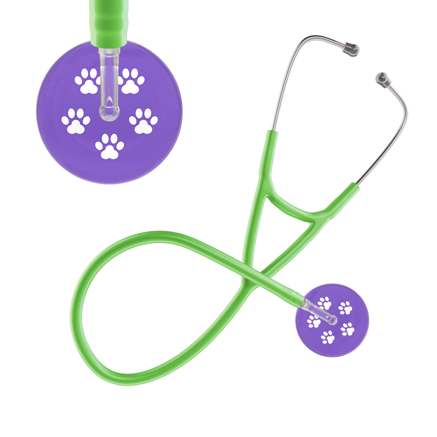Ultrascope Single Stethoscope White Paw Lavender Background / Adult / Lime Green Paw Print Cardiology Stethoscope
