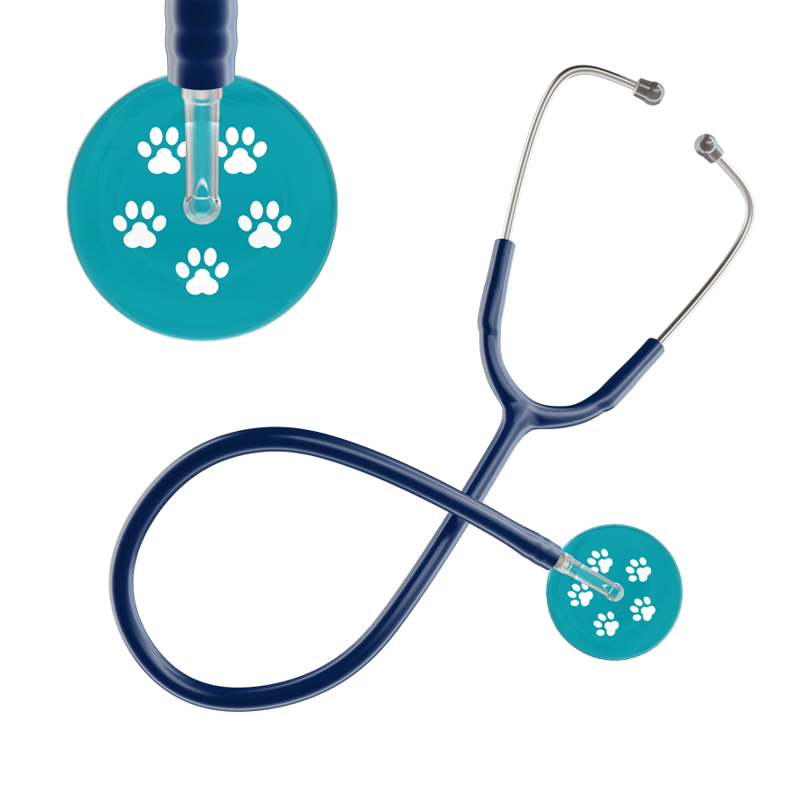 Ultrascope Single Stethoscope White Paw Teal Background / Adult / Navy Paw Print Stethoscope