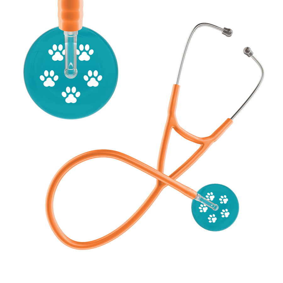 Ultrascope Single Stethoscope White Paw Teal Background / Adult / Orange Paw Print Cardiology Stethoscope