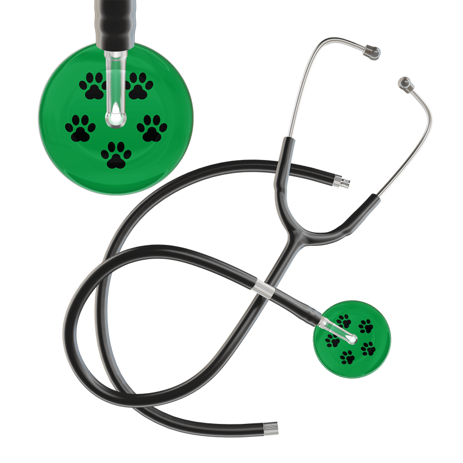 Ultrascope Single Stethoscope Black Paw Green Background / Adult / Black Extended Tubing Black Paw Print Dark Background Stethoscope